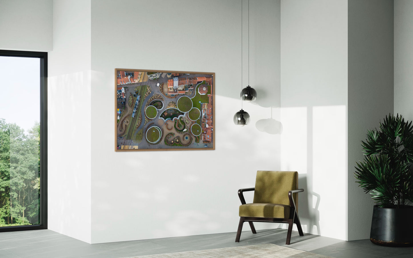 Landskabsbillede fra H.C Andersen museum i Odense set fra oven. Dronebillede af landskab, natur og arkitektur trykt som plakat eller på lærred til hjemmet