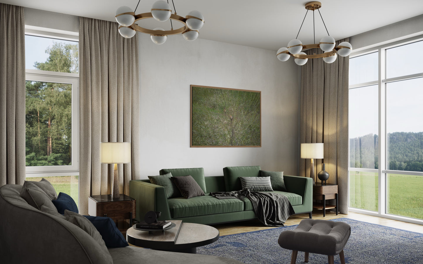 landskabsbillede taget over
en pilemark hvor krondyr ses. Dronebillede af landskab, natur og arkitektur trykt som plakat eller på fotolærred til hjemmet.