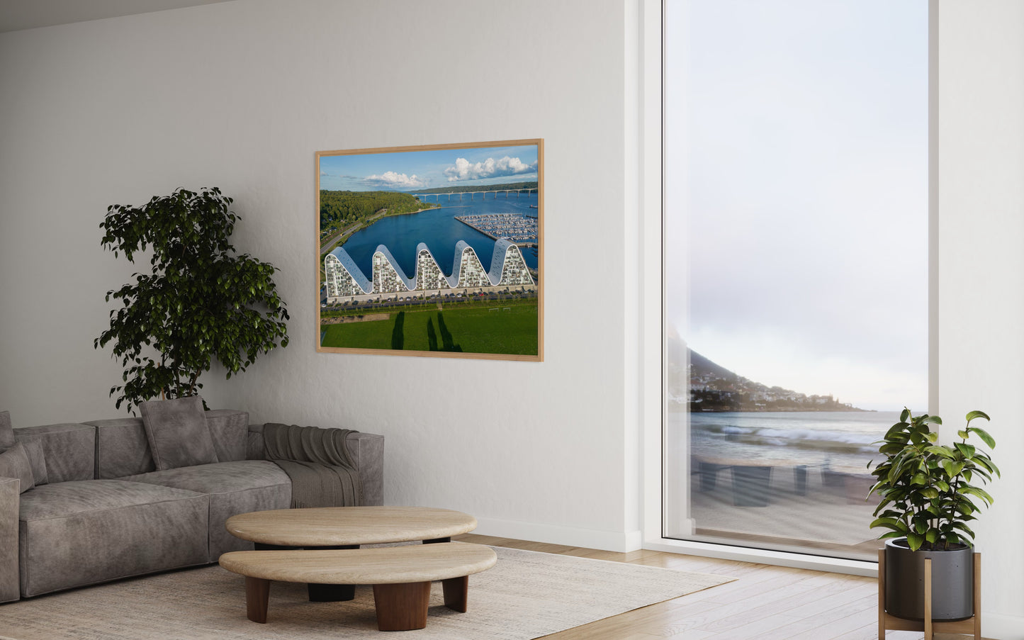 Landskabsbillede af Bølgen ved Vejle. Dronebillede af landskab, natur og arkitektur trykt som plakat eller på lærred til hjemmet