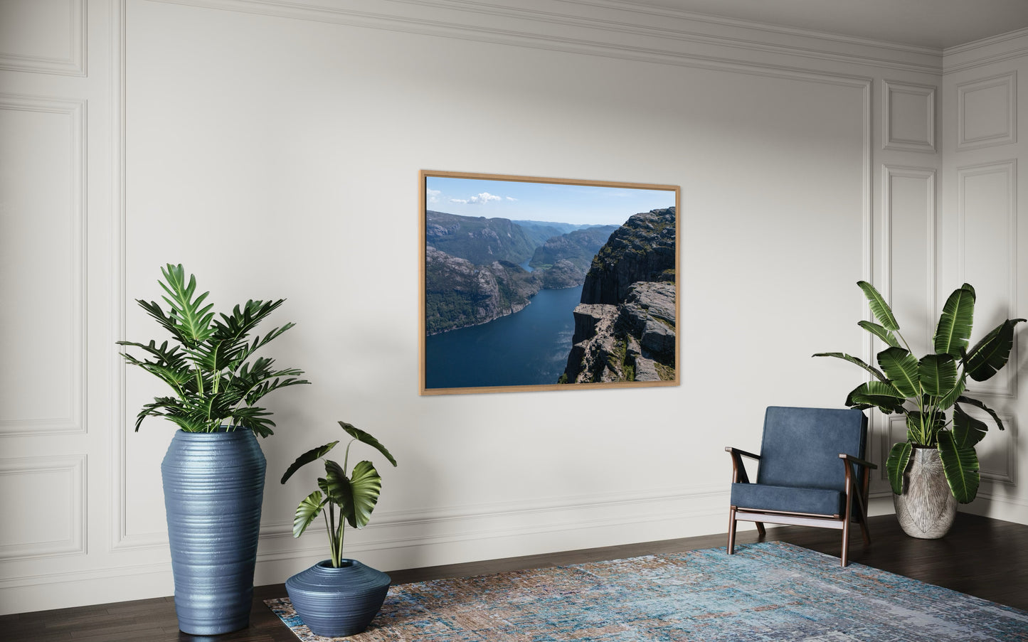 landskabsbillede taget over Preidkestolen plateau ved Lysefjorden i Norge. Dronebillede af landskab, natur og arkitektur trykt som plakat eller på fotolærred til hjemmet.