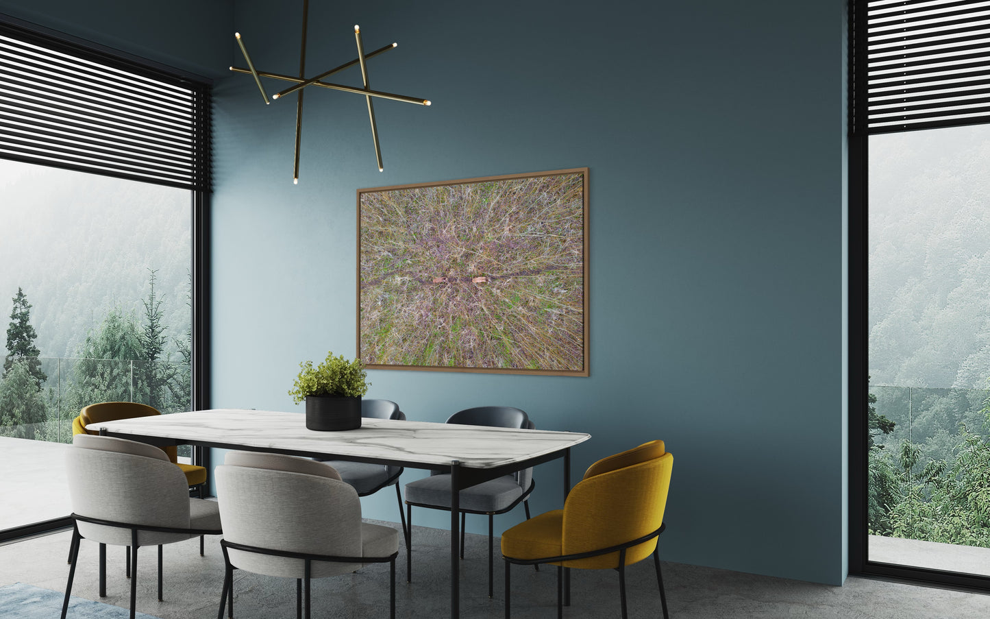 Landskabsbillede af en pilemark og et par kronhjorte. Dronebillede af landskab, natur og arkitektur trykt som plakat eller på lærred til hjemmet