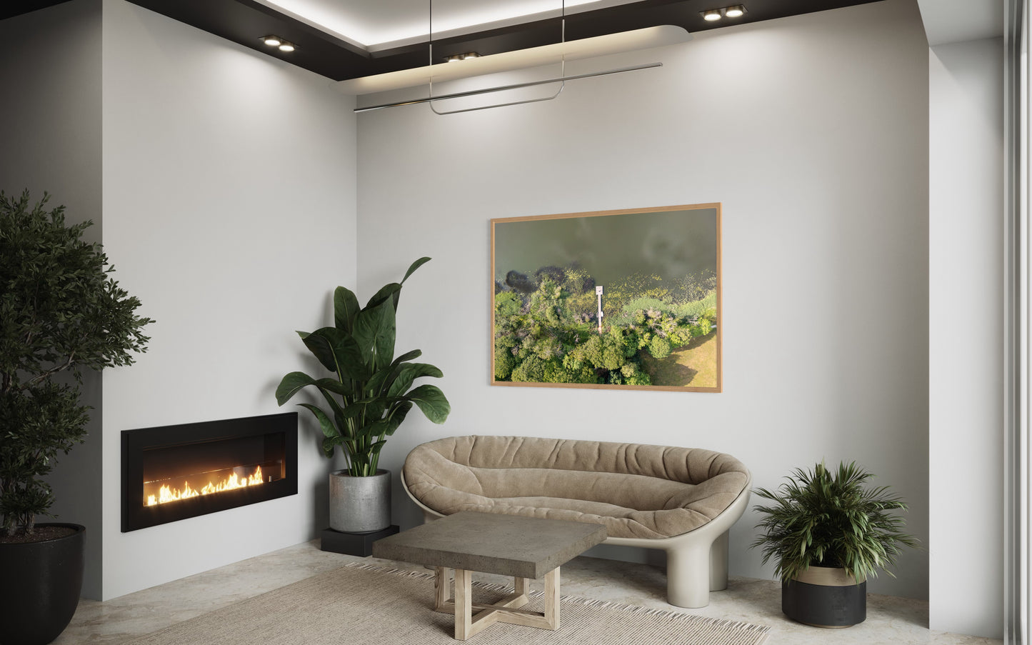 Landskabsbillede af en badebro der strække sig ud i en sø ved Silkeborg. Dronebillede af landskab, natur og arkitektur trykt som plakat eller på lærred til hjemmet.