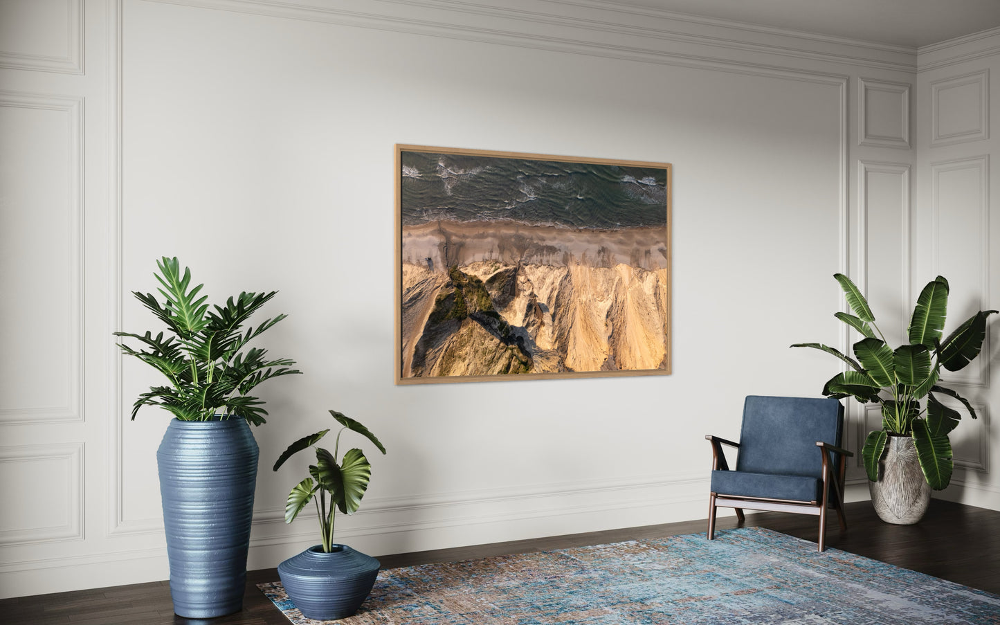 Landskabsbillede fra kysten ved Lønstrup i Nordjylland. Dronebillede af landskab, natur og arkitektur trykt som plakat eller på lærred til hjemmet