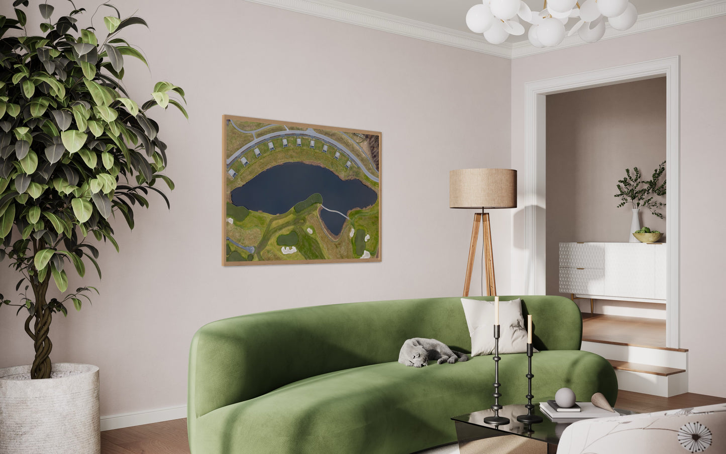 landskabsbillede af Great Northern golf resort i Kerteminde. Dronebillede af landskab, natur og arkitektur trykt som plakat eller på lærred til hjemmet.