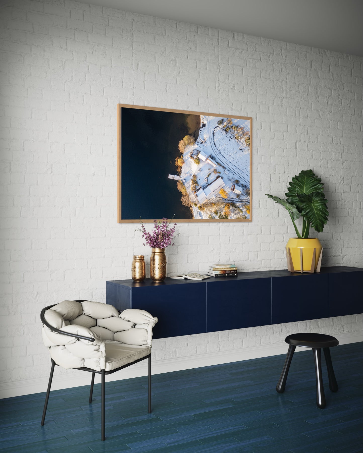 Landskabsbillede taget ved Åmål, i Sverige,i vinterhvid beklædning. Dronebillede af landskab, natur og arkitektur trykt som plakat eller på fotolærred til hjemmet