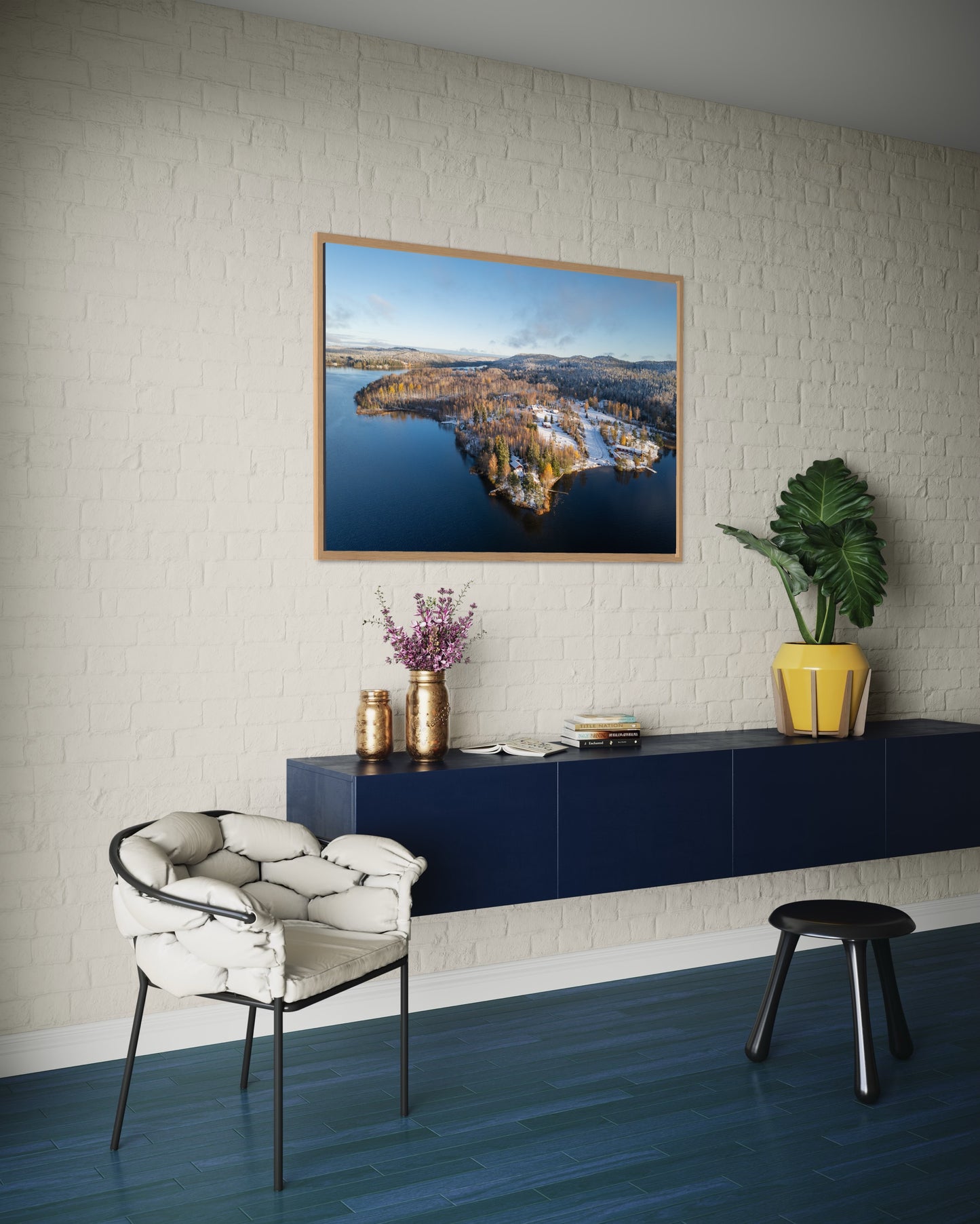 Landskabsbillede taget ved Åmål, i Sverige,i vinterhvid beklædning. Dronebillede af landskab, natur og arkitektur trykt som plakat eller på fotolærred til hjemmet