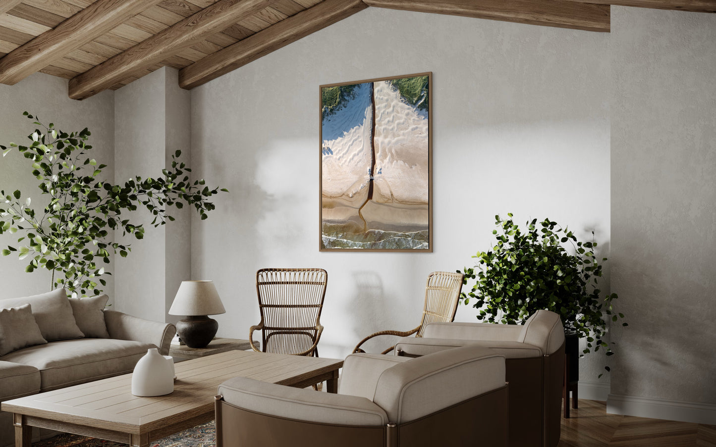 Landskabsbillede af Løkken strand og åen der løber ud i vesterhavet. Dronebillede af landskab, natur og arkitektur trykt som plakat eller på lærred til hjemmet.