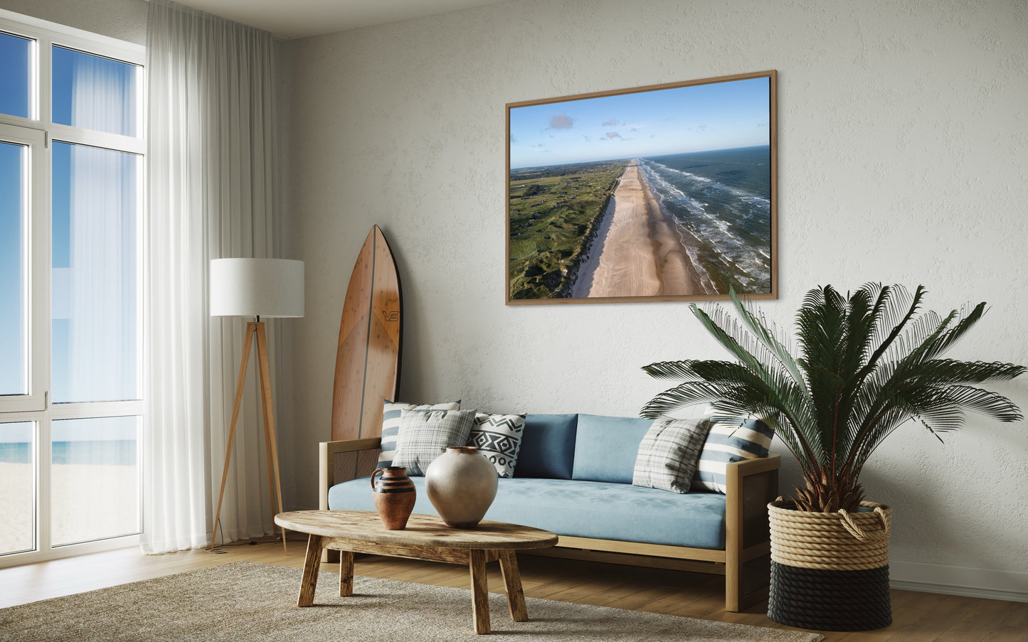 Landskabsbillede af Løkken strand og klitterne. Dronebillede af landskab, natur og arkitektur trykt som plakat eller på lærred til hjemmet.