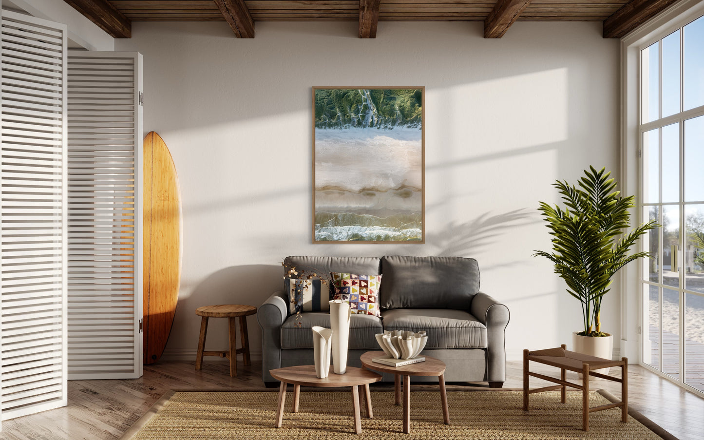 Landskabsbillede af Løkken strand og klitterne. Dronebillede af landskab, natur og arkitektur trykt som plakat eller på lærred til hjemmet.