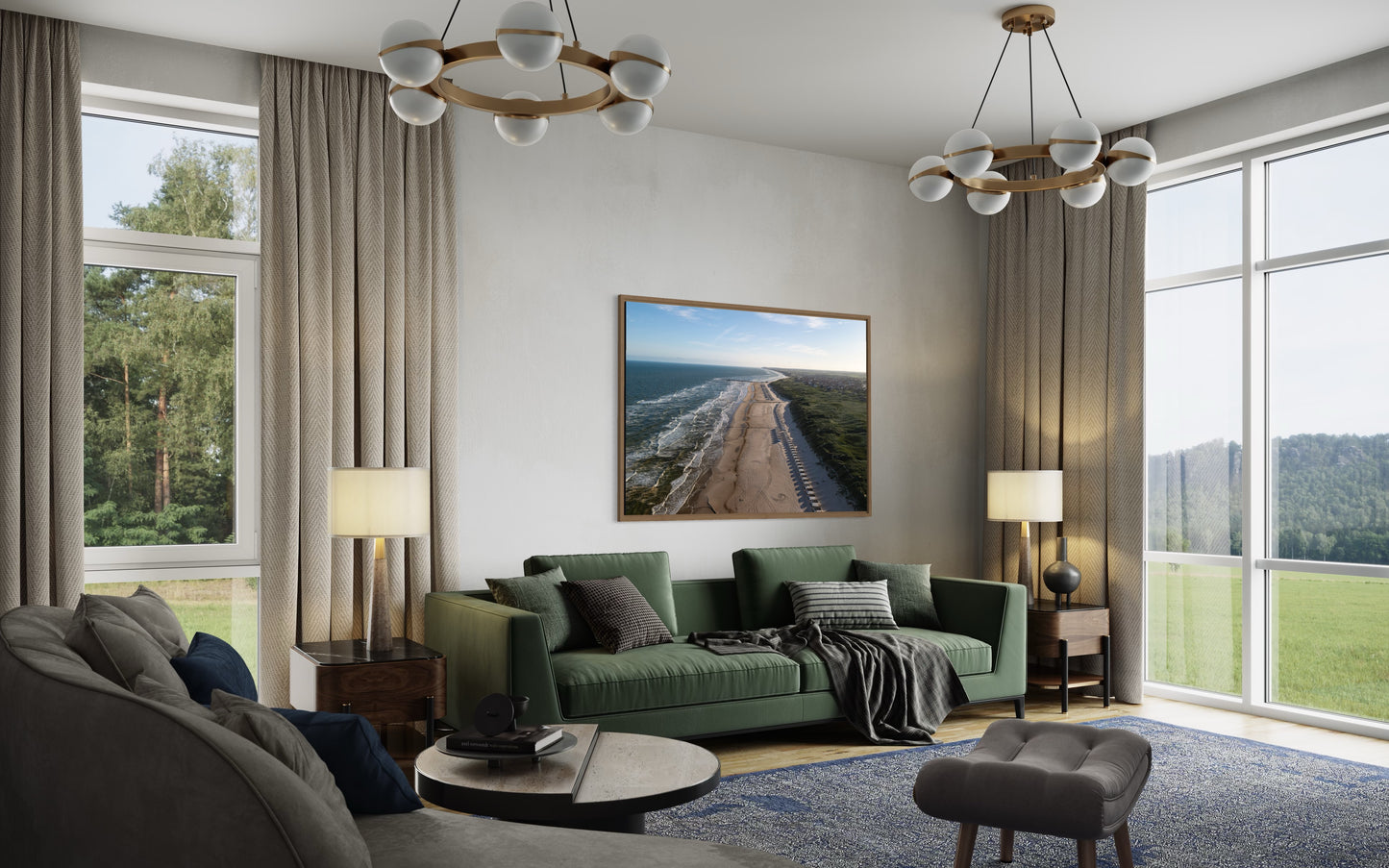 Landskabsbillede af Løkken strand om sommeren og badehusene. Dronebillede af landskab, natur og arkitektur trykt som plakat eller på lærred til hjemmet.