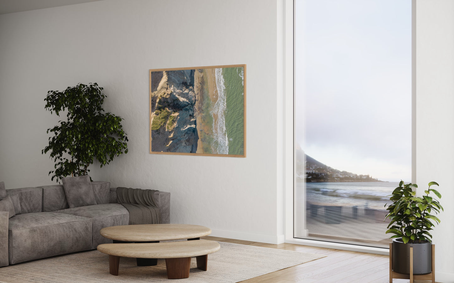 Landskabsbillede af vestkysten og vesterhavet som æder af kysten. Dronebillede af landskab, natur og arkitektur trykt som plakat eller på lærred til hjemmet.