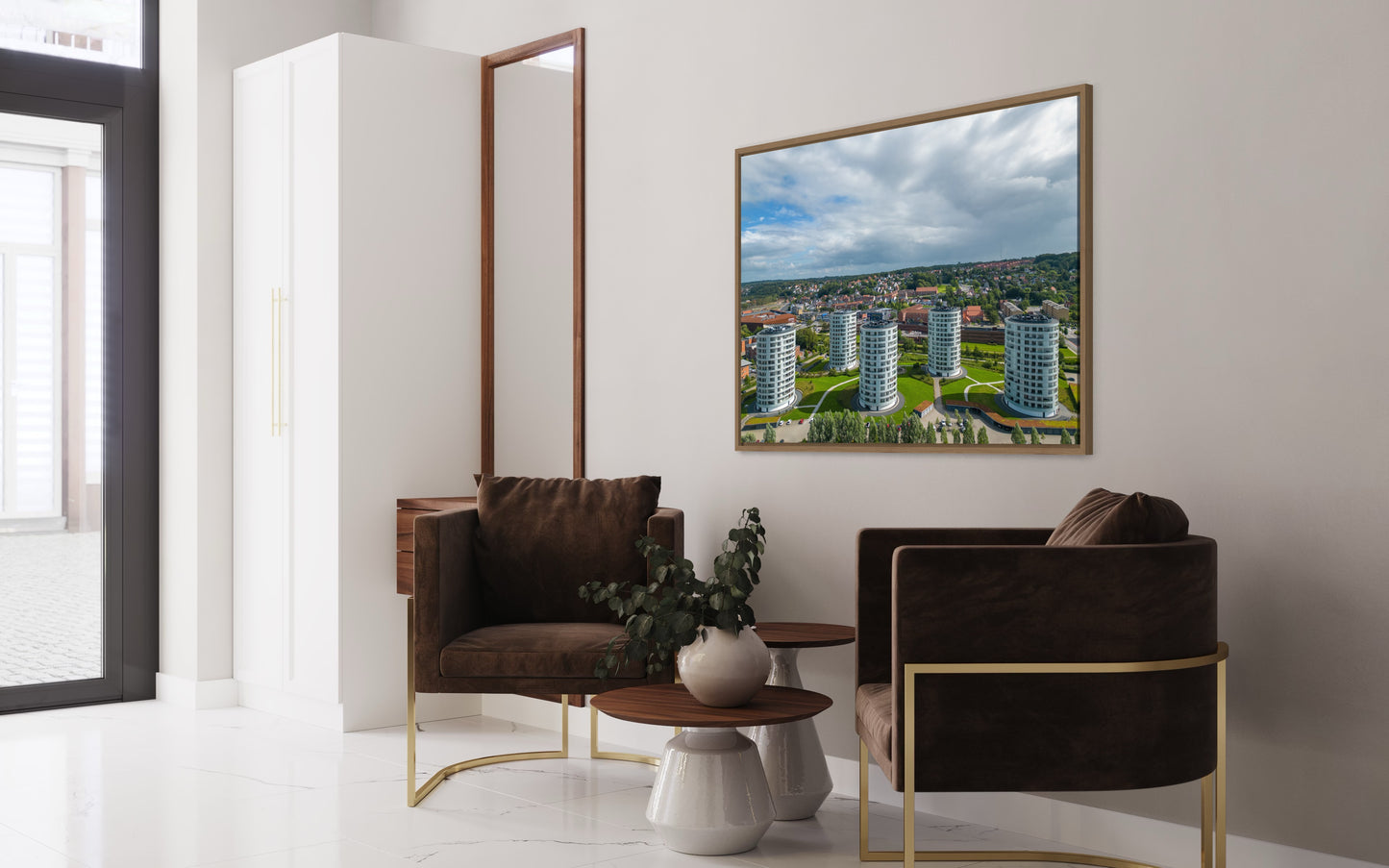 Landskabsbillede af de fem søstre i Vejle. Dronebillede af landskab, natur og arkitektur trykt som plakat eller på lærred til hjemmet.