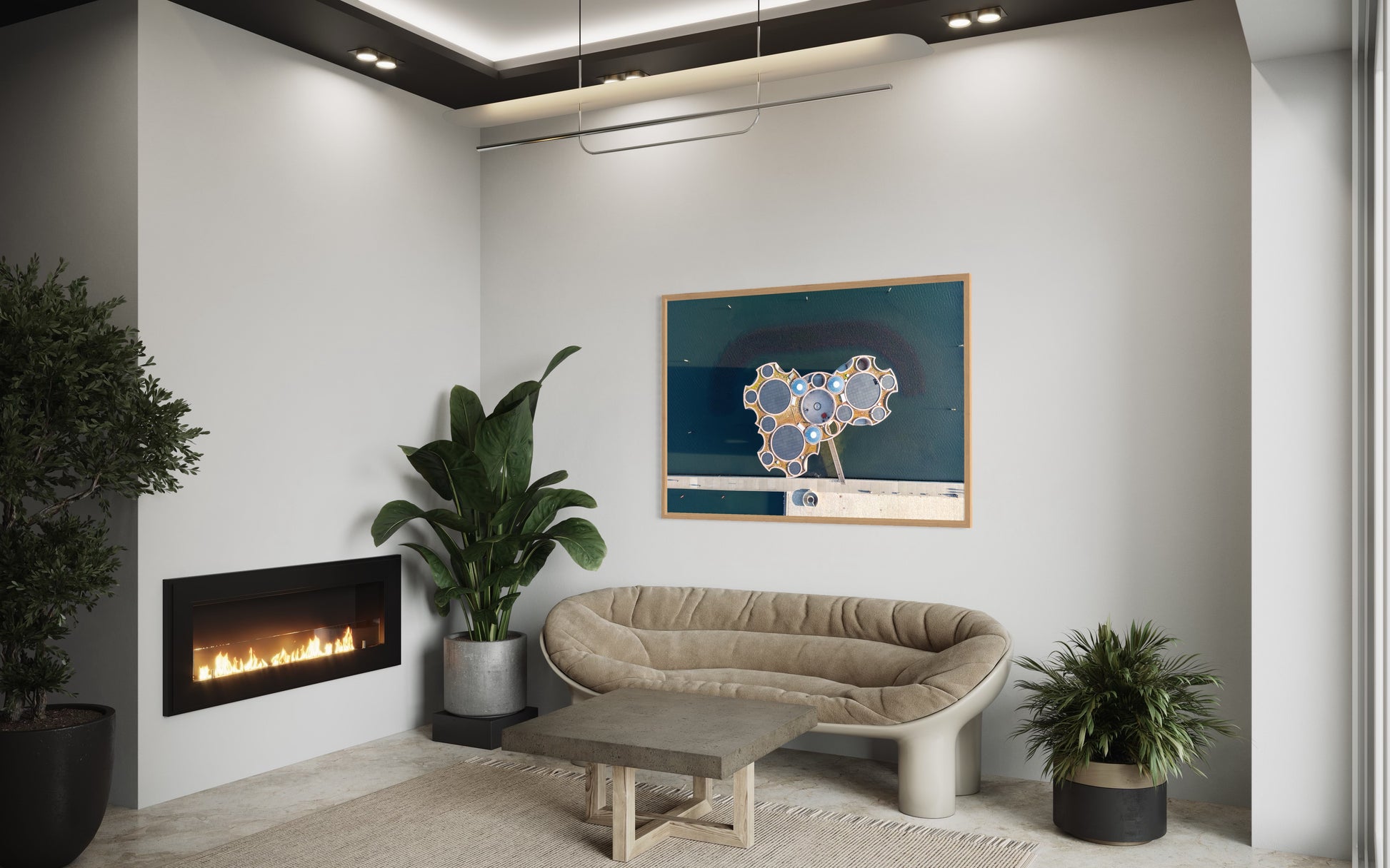 landskabsbillede Fjordenhus i Vejle. Dronebillede af landskab, natur og arkitektur trykt som plakat eller på fotolærred til hjemmet.