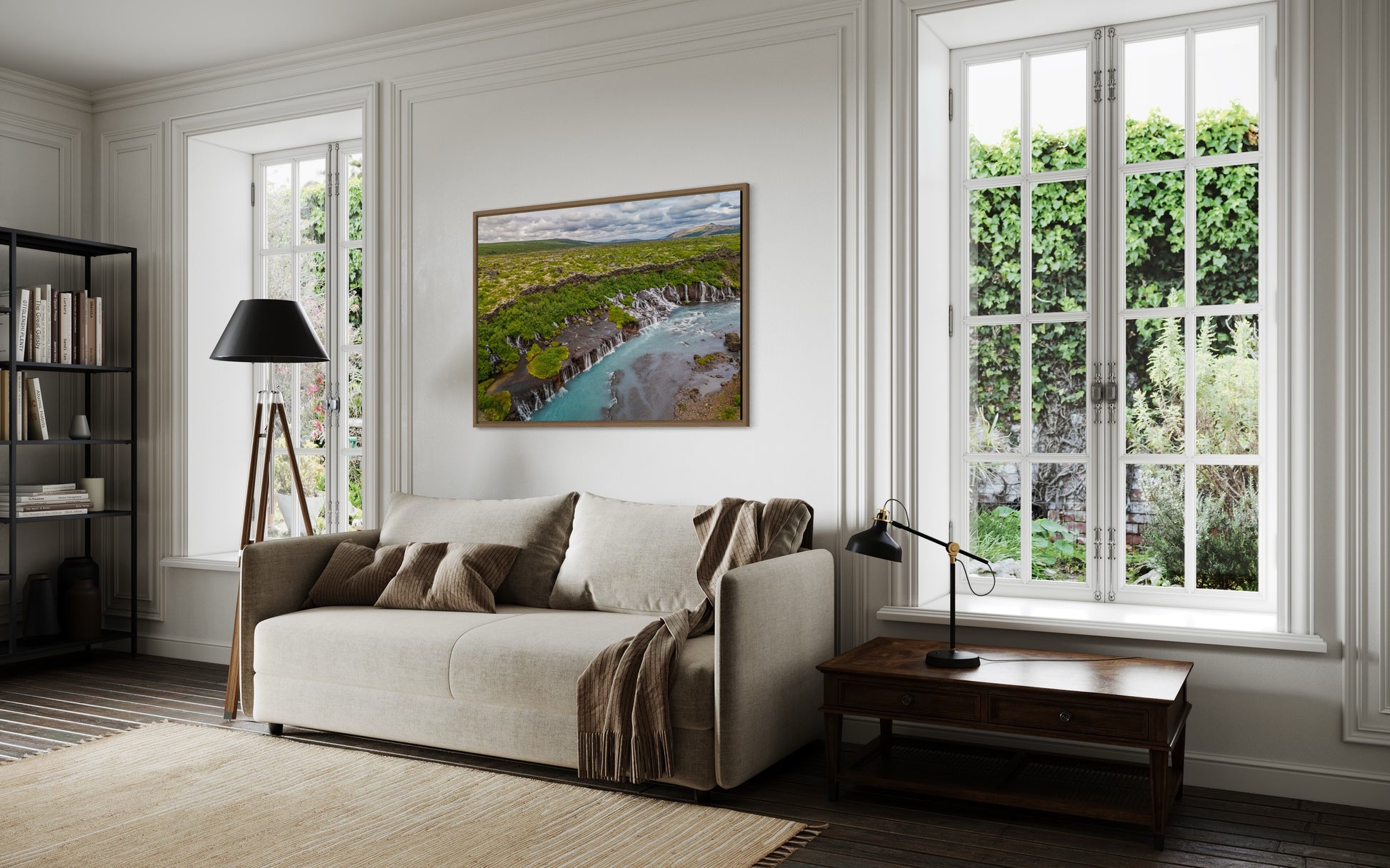 Landskabsbillede af det unikke lavavandfald "Hraunfossar" på Island . Dronebillede af landskab, natur og arkitektur trykt som plakat eller på lærred til hjemmet.