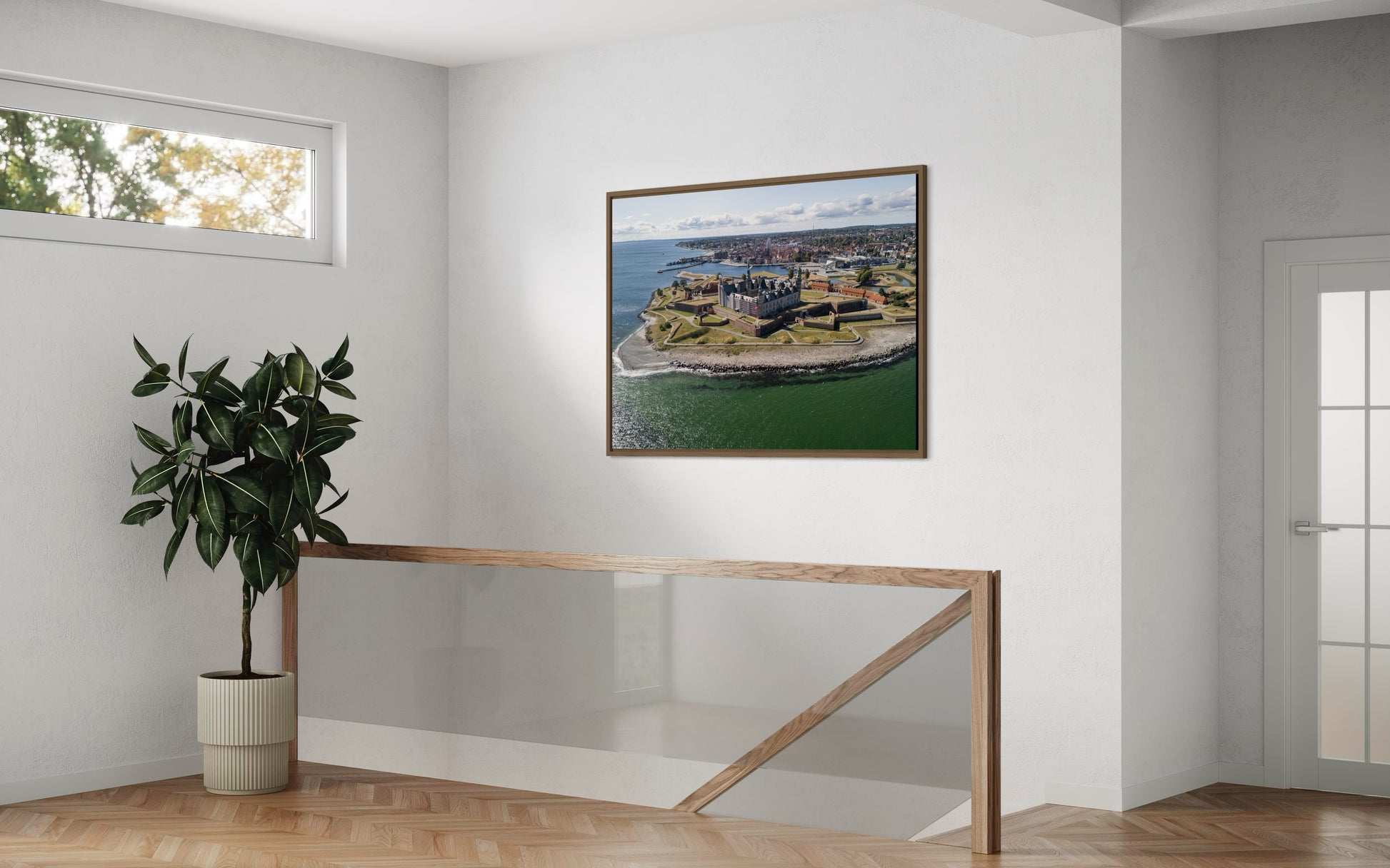 landskabsbillede af Kronborg slot i Helsingør. Dronebillede af landskab, natur og arkitektur trykt som plakat eller på lærred til hjemmet.