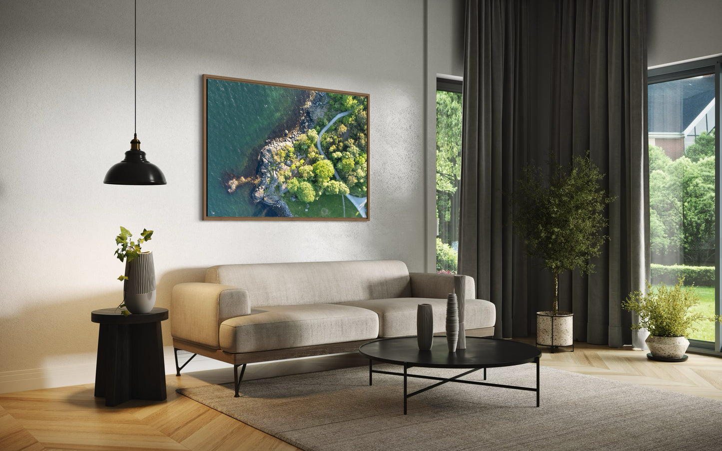Landskabsbillede fra kysten ved Stavanger. Dronebillede af landskab, natur og arkitektur trykt som plakat eller på fotolærred til hjemmet
