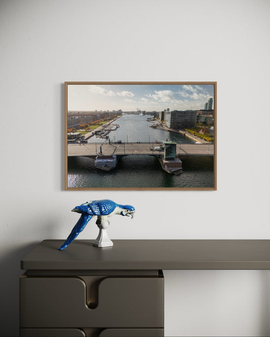 Landskabsbillede fra Langebro i København. Dronebillede af landskab, natur og arkitektur trykt som plakat eller på fotolærred til hjemmet
