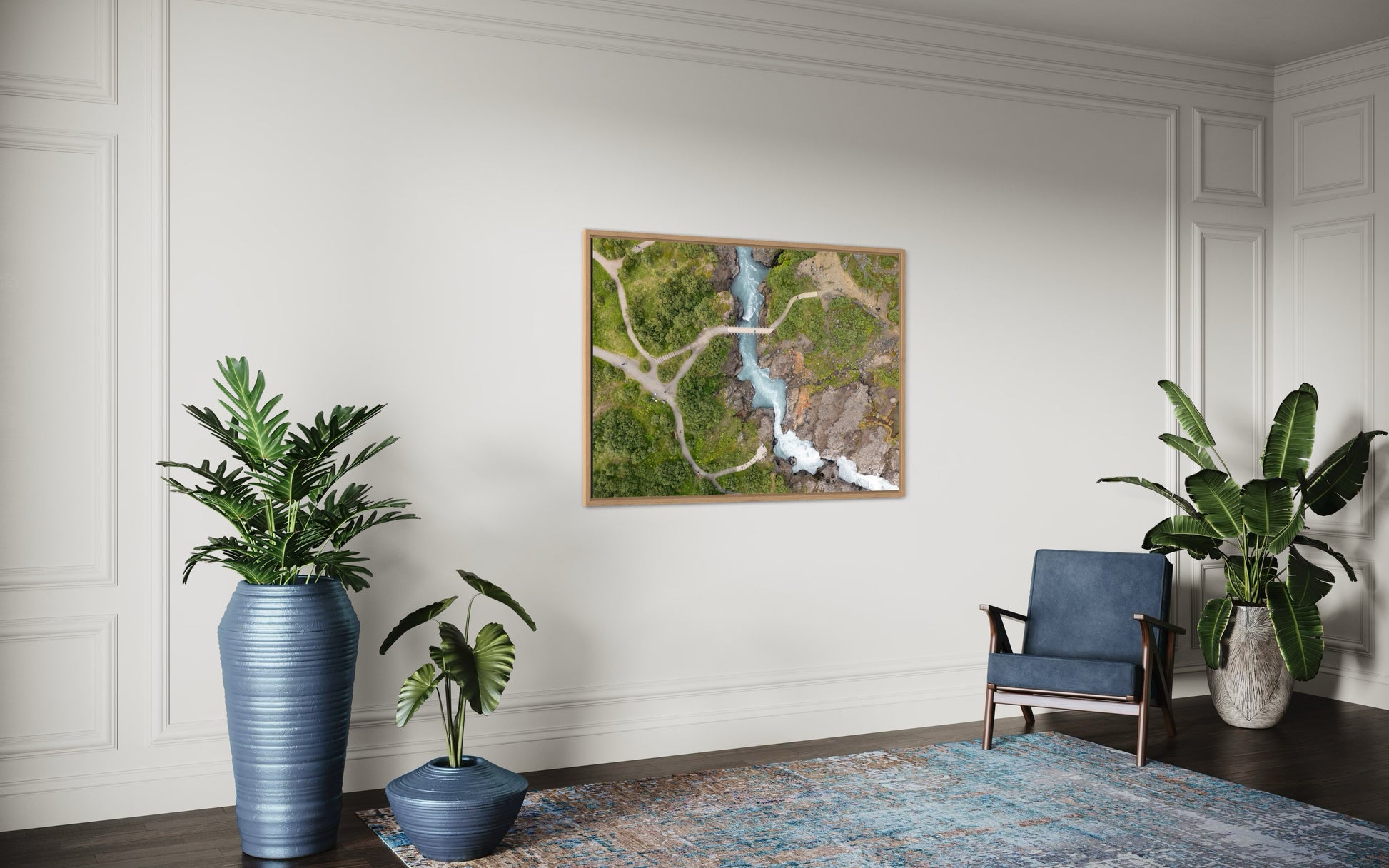 landskabsbillede af det unikke lavavandfald "Hraunfossar" på Island. Dronebillede af landskab, natur og arkitektur trykt som plakat eller på lærred til hjemmet.