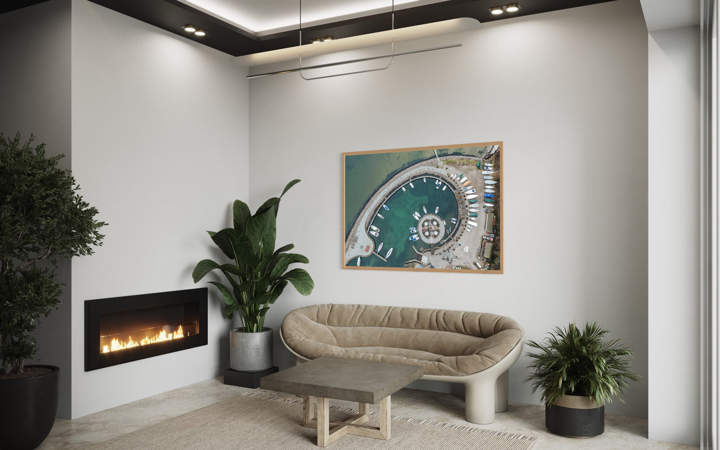 landskabsbillede af Lundeborg lystbådehavnen der er snegleformet. Dronebillede af landskab, natur og arkitektur trykt som plakat eller på lærred til hjemmet. 