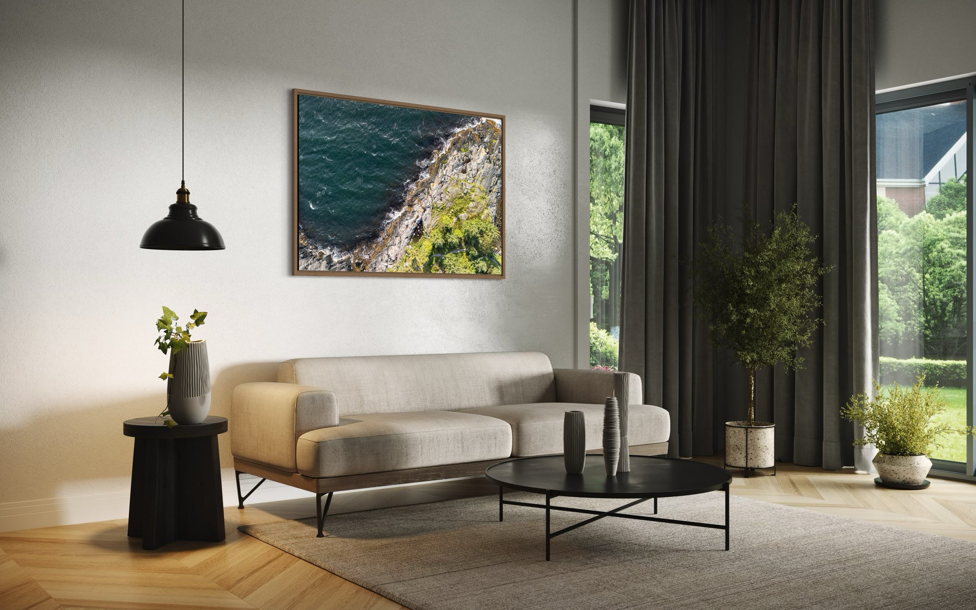 landskabsbillede fra kysten ved Stavanger Dronebillede af landskab, natur og arkitektur trykt som plakat eller på fotolærred til hjemmet.