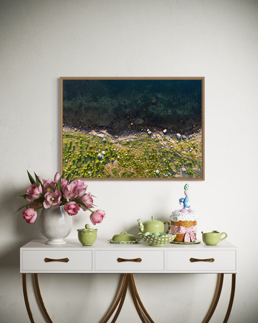 landskabsbillede af kystlinjen ved Stavanger. Dronebillede af landskab, natur og arkitektur trykt som plakat eller på lærred til hjemmet.