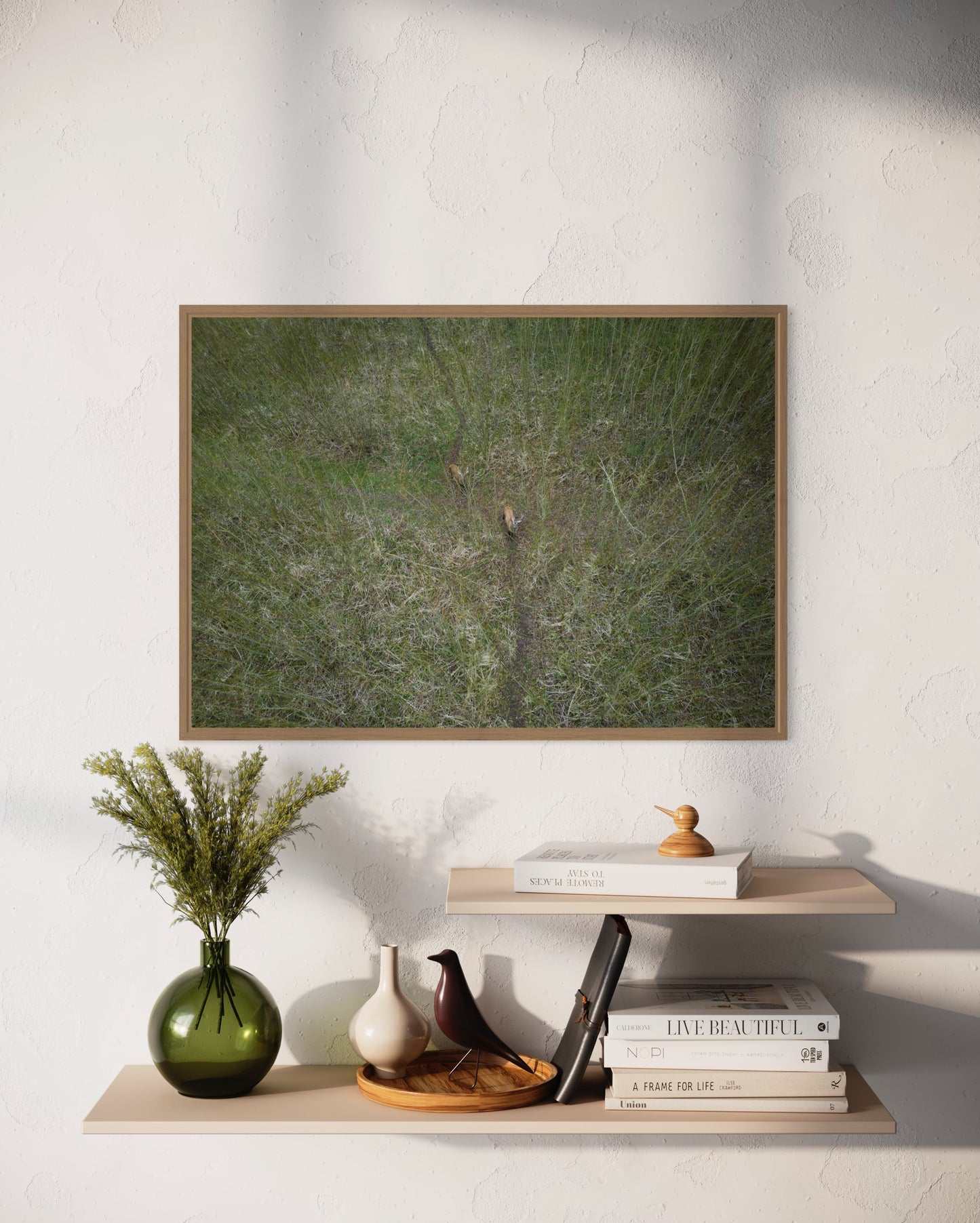 landskabsbillede taget over 
en pilemark hvor krondyr ses. Dronebillede af landskab, natur og arkitektur trykt som plakat eller på fotolærred til hjemmet.