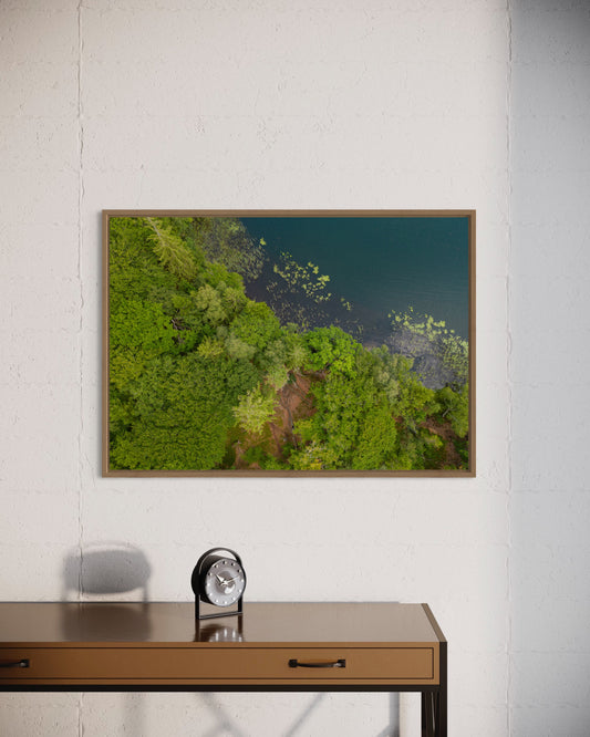 Landskabsbillede af skovbredden ved Almindsø ved Silkeborg. Dronebillede af landskab, natur og arkitektur trykt som plakat eller på lærred til hjemmet.