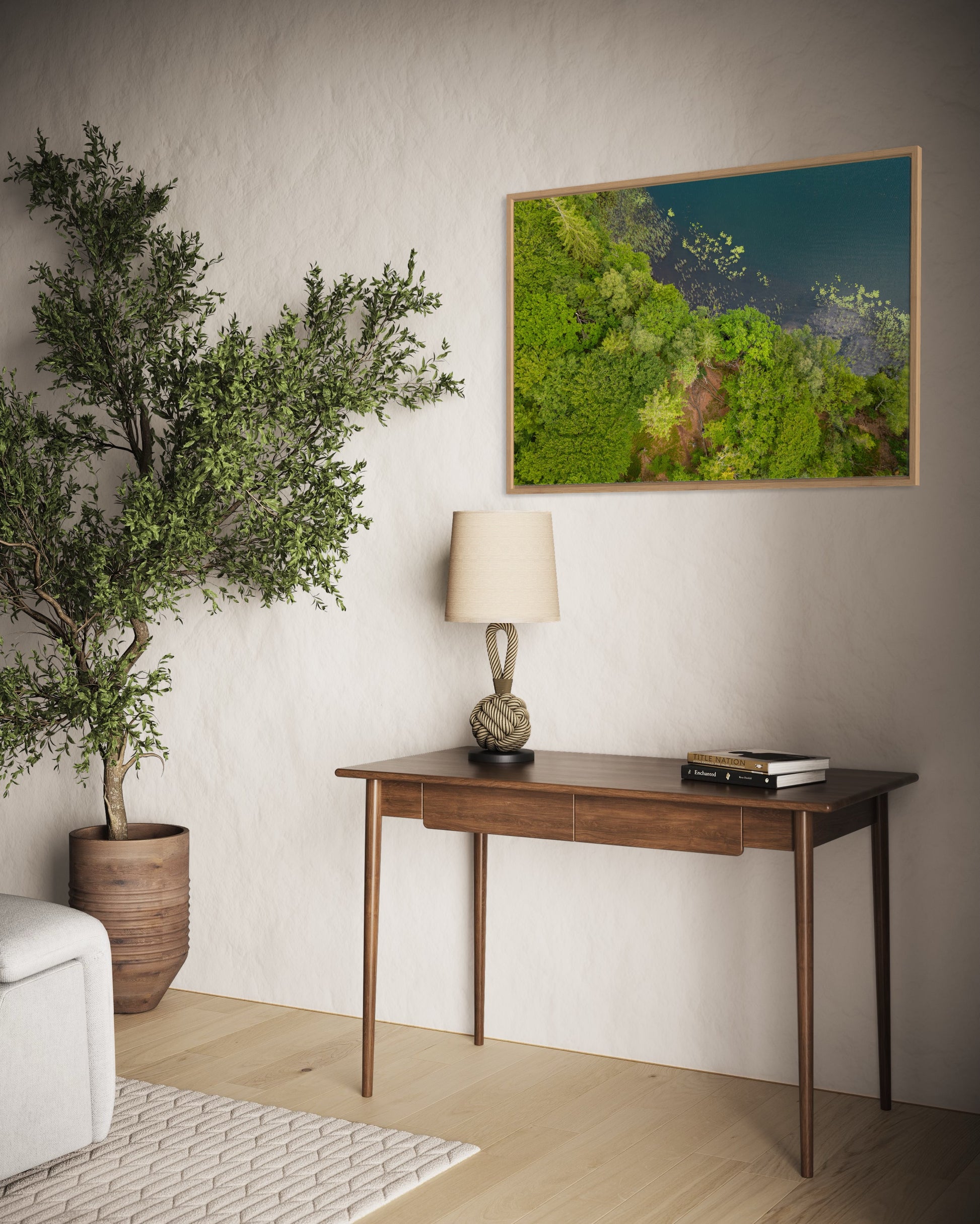 Landskabsbillede af skovbredden ved Almindsø ved Silkeborg. Dronebillede af landskab, natur og arkitektur trykt som plakat eller på lærred til hjemmet.