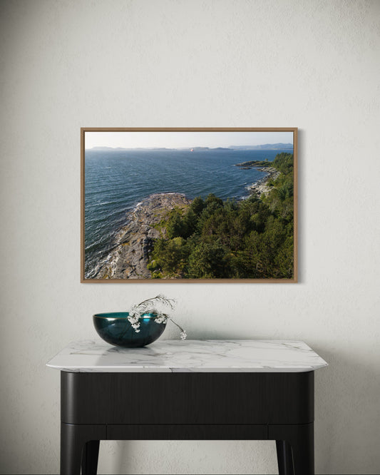landskabsbillede fra kysten ved Stavanger i Norge. Dronebillede af landskab, natur og arkitektur trykt som plakat eller på fotolærred til hjemmet. 