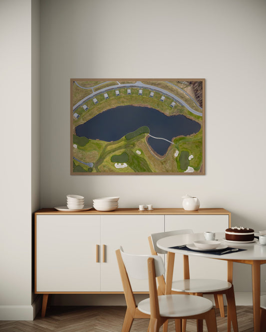 landskabsbillede af Great Northern golf resort i Kerteminde. Dronebillede af landskab, natur og arkitektur trykt som plakat eller på lærred til hjemmet.