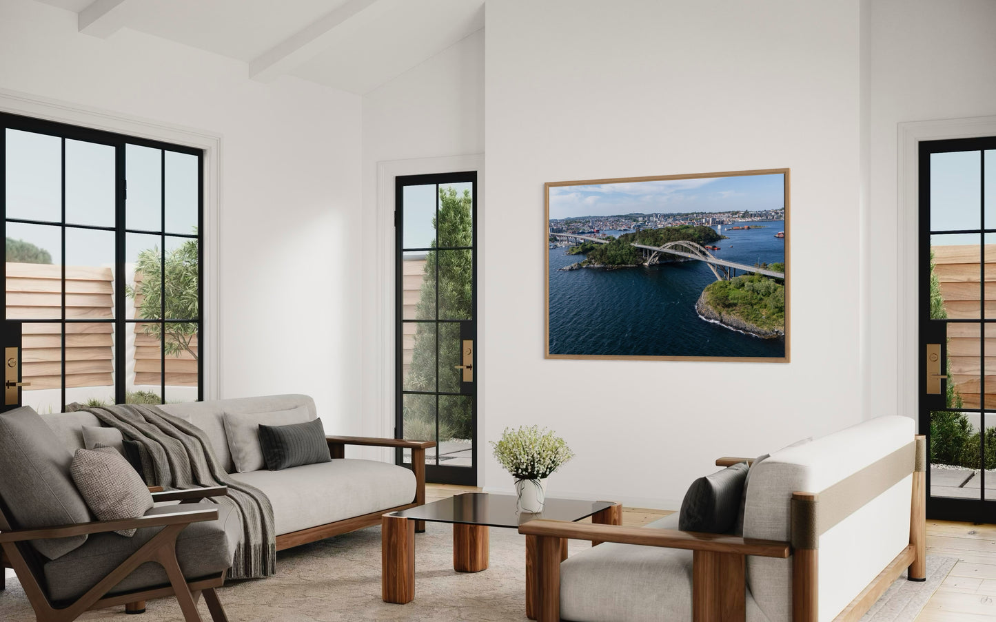 landskabsbillede af broen som forbinder øerne i Stavanger. Dronebillede af landskab, natur og arkitektur trykt som plakat eller på lærred til hjemmet.