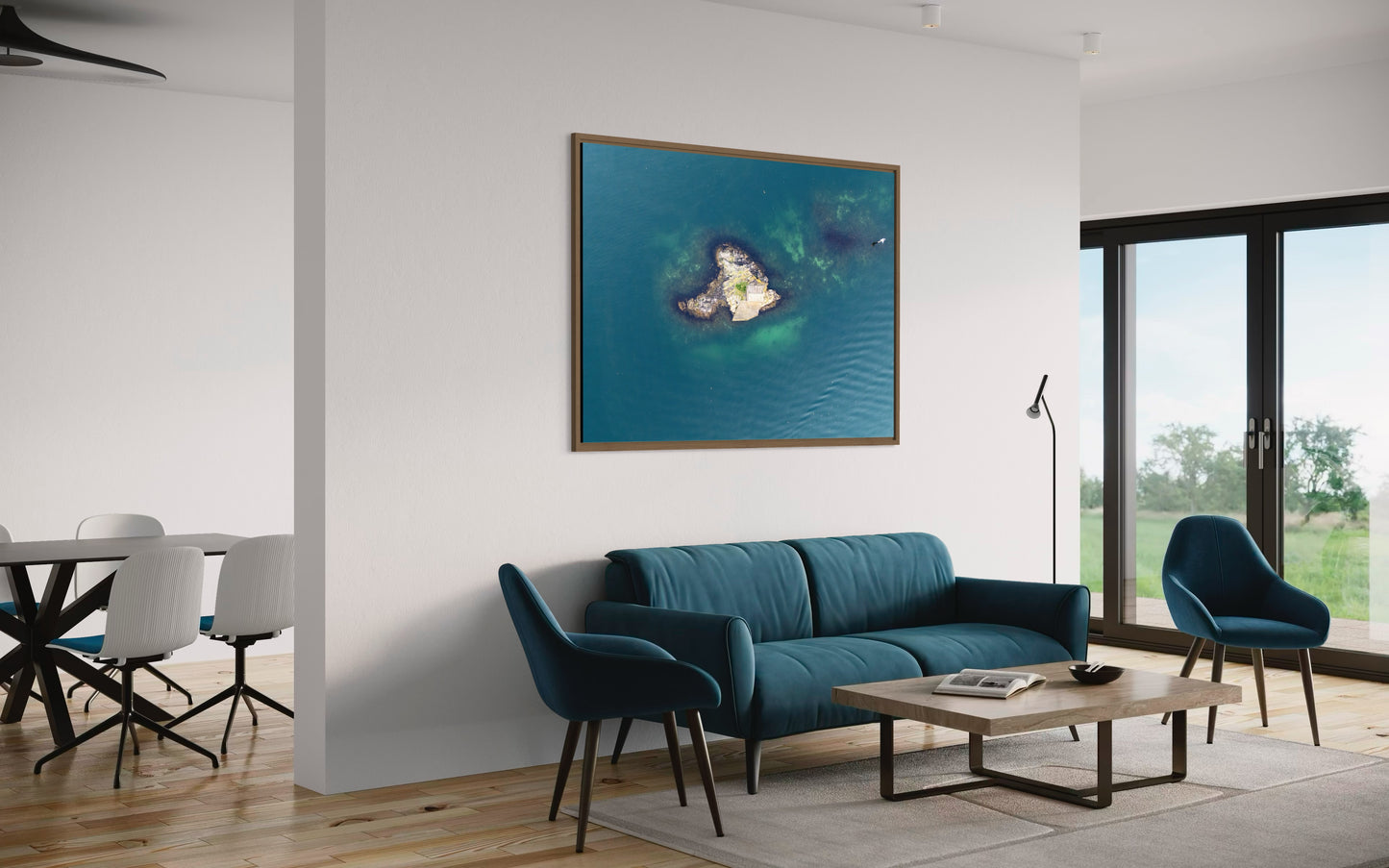 landskabsbillede af en ensom hytte på en lille udenfor Stavanger. Dronebillede af landskab, natur og arkitektur trykt som plakat eller på lærred til hjemmet.