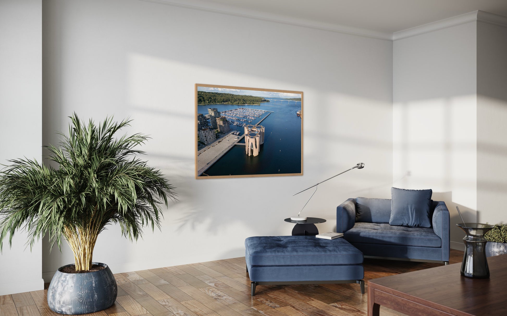 Landskabsbillede taget ved havnen i Vejle udover Vejlefjord. Dronebillede af landskab, natur og arkitektur trykt som plakat eller på fotolærred til hjemmet