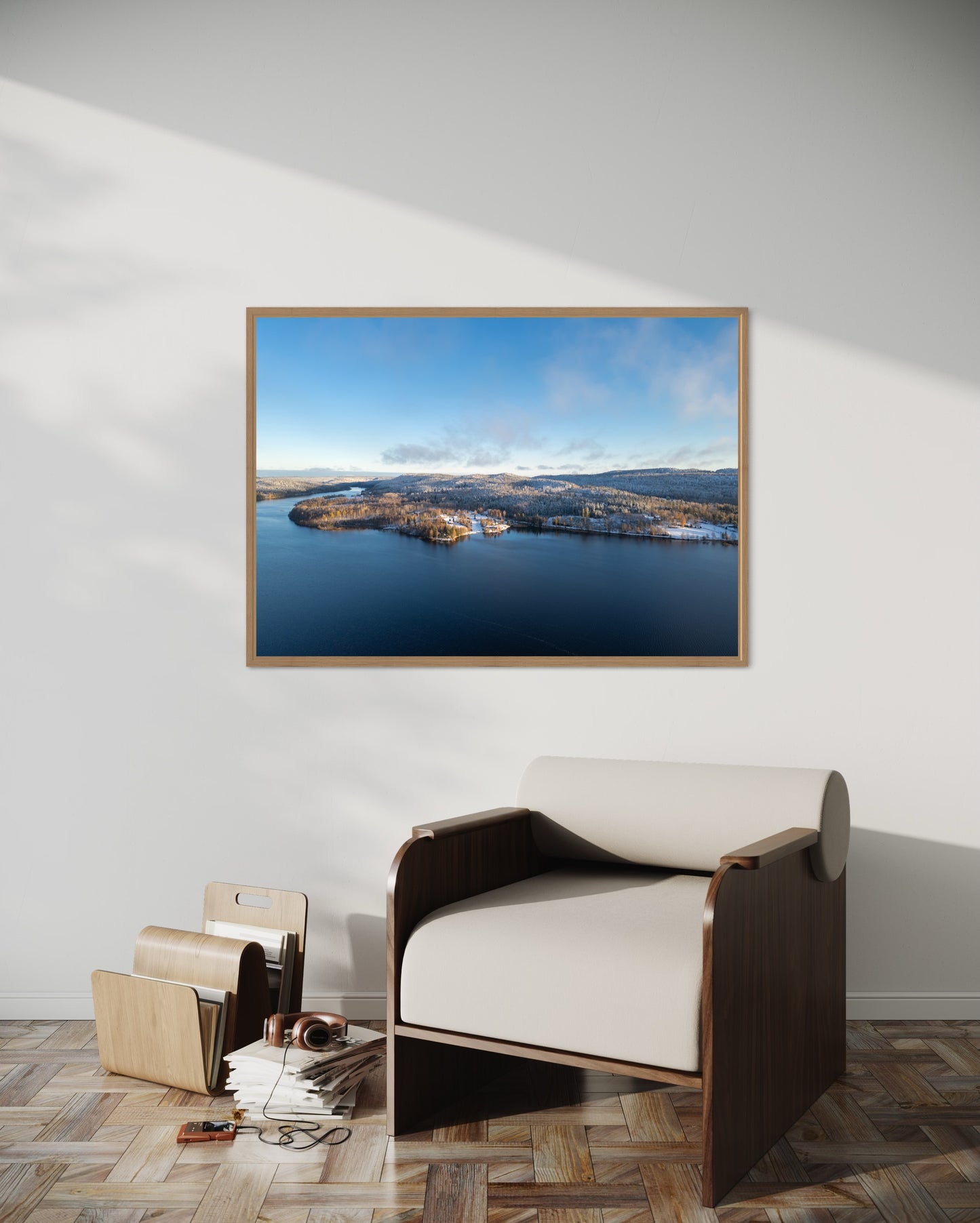 Landskabsbillede taget ved Åmål, i Sverige,i vinterhvid beklædning. Dronebillede af landskab, natur og arkitektur trykt som plakat eller på fotolærred til hjemmet